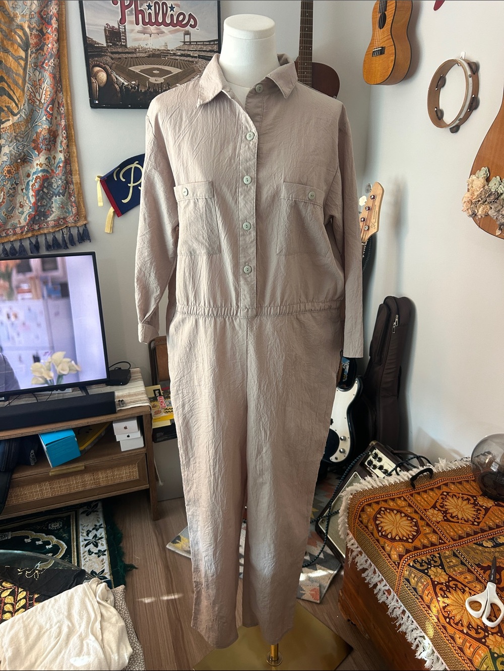 Vintage Donn Kenny Beige Long Sleeve Utility Jumpsuit